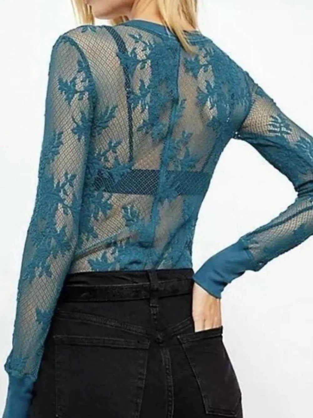 Free People Teal Sheer Floral Lace Long Sleeve Top